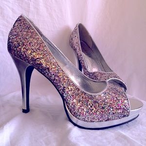 Rampage size 8 Multi-color glitter high heel peep toe pumps